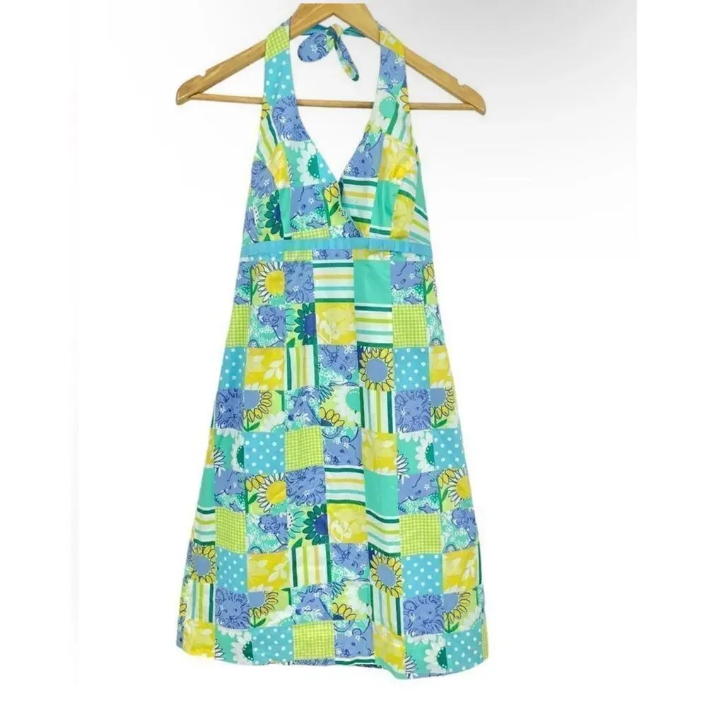 Lilly Pulitzer Patchwork Halter Dress Sunflower Floral Retro Cottagecore Size 2